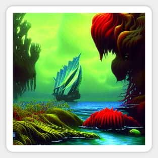 Landscape Painting with Tropical Colorful Plants and boat in the sea, Scenery Nature Sticker